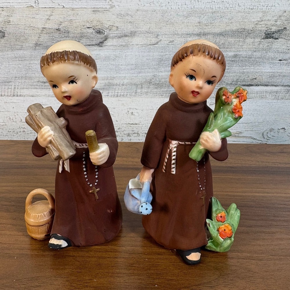 Vintage Napco Friar‎ Figurines Catholic 1962 "Friars Doing Chores".  Lot of Two